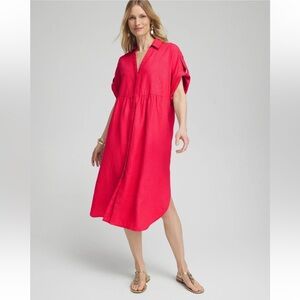 Chicos Red Linen Roll Tab Dolman Midi Dress